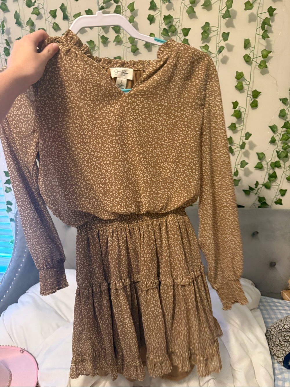 T.J.Maxx Brown Printed Long-Sleeve Tiered Dress